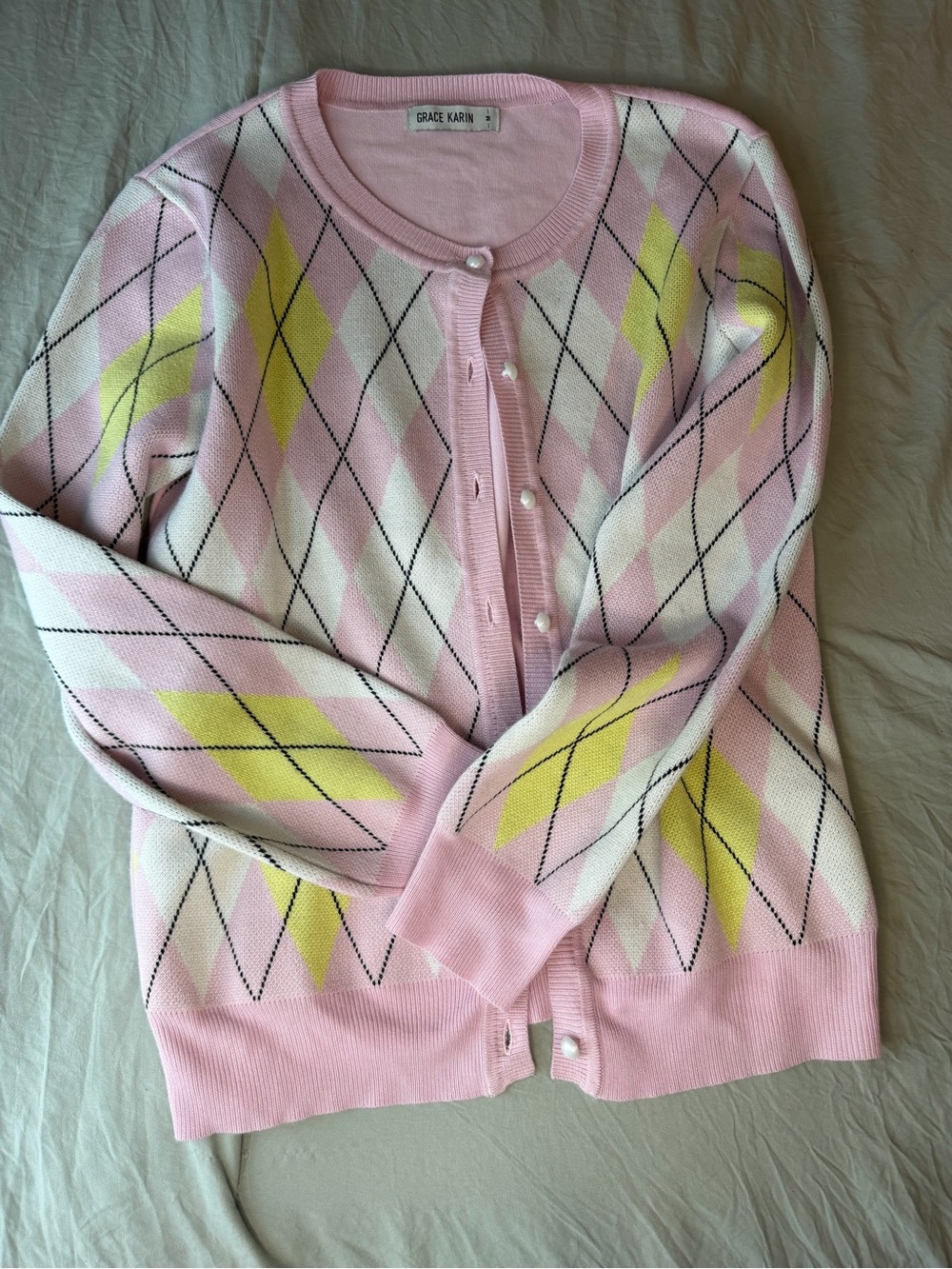 Grace Karin Pink and Yellow Argyle Button Cardigan